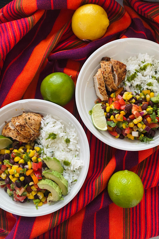 Mexican bean salad rice bowl with Tajin marinated grilled chicken