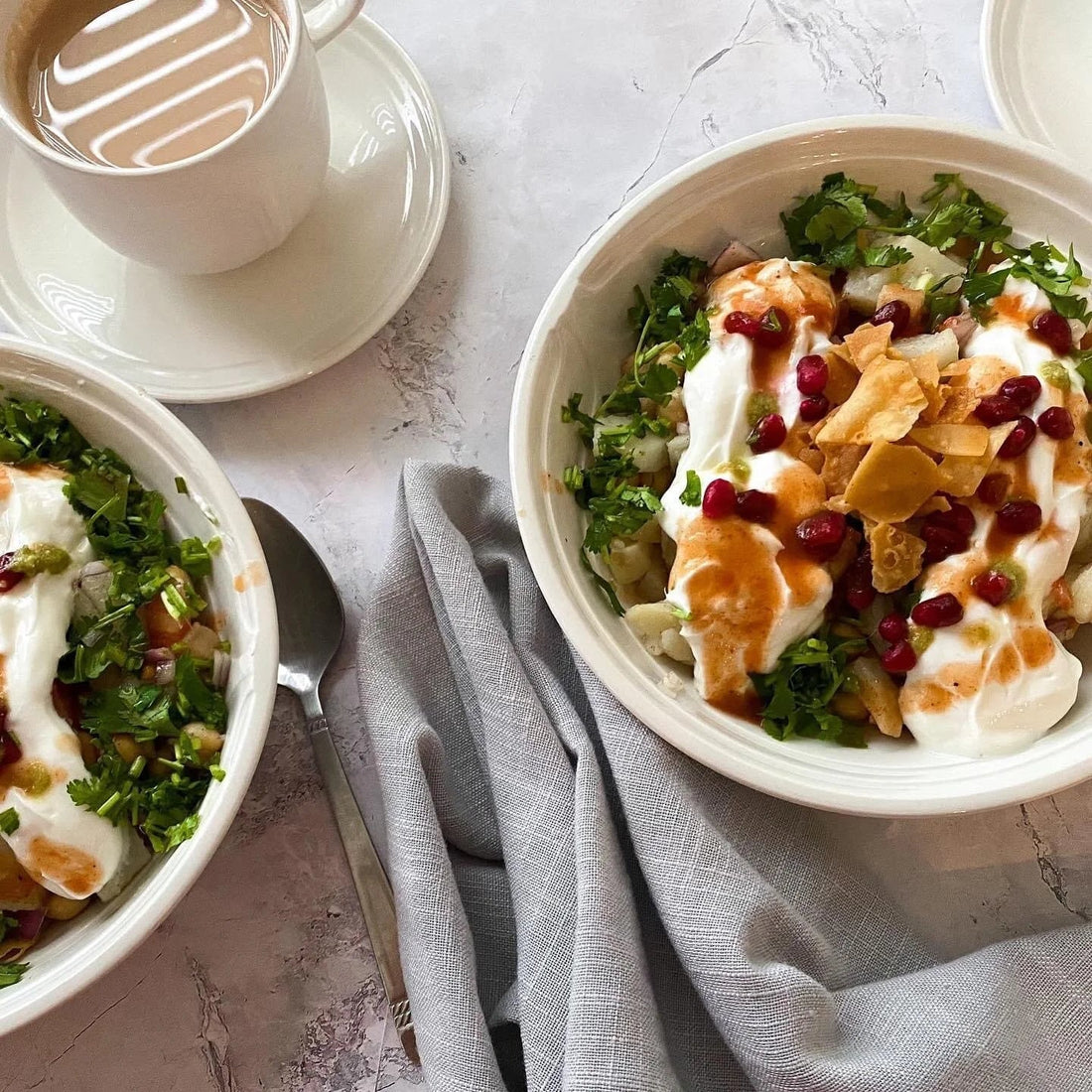 Chaat (Chickpeas and potatoes with tamarind and crunchy chips)