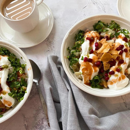 Chaat (Chickpeas and potatoes with tamarind and crunchy chips)